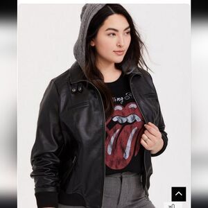 Torrid Black Faux Leather Hooded Bomber Jacket Size Medium/Large